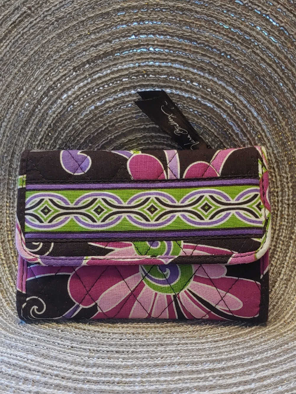Vera Bradley Purple Brown Floral Wallet Multi-fold Wallet Compartments EUC